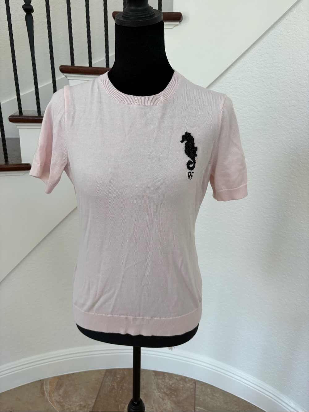 Brooks Brothers Red Fleece, Light Pink Short Sleeve Knit Top with Black Seahorse